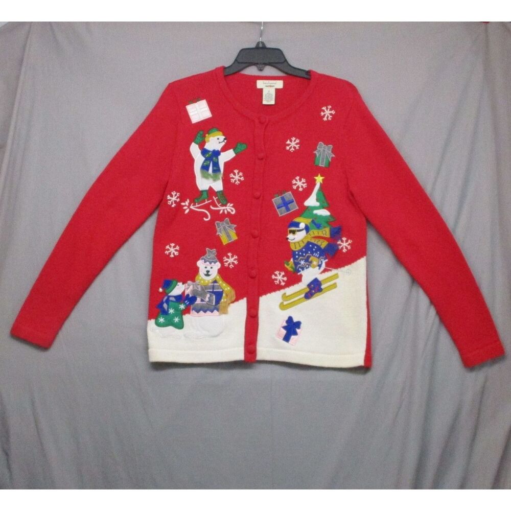 Bechamel Red Button Up Christmas Cardigan Womens Size Small